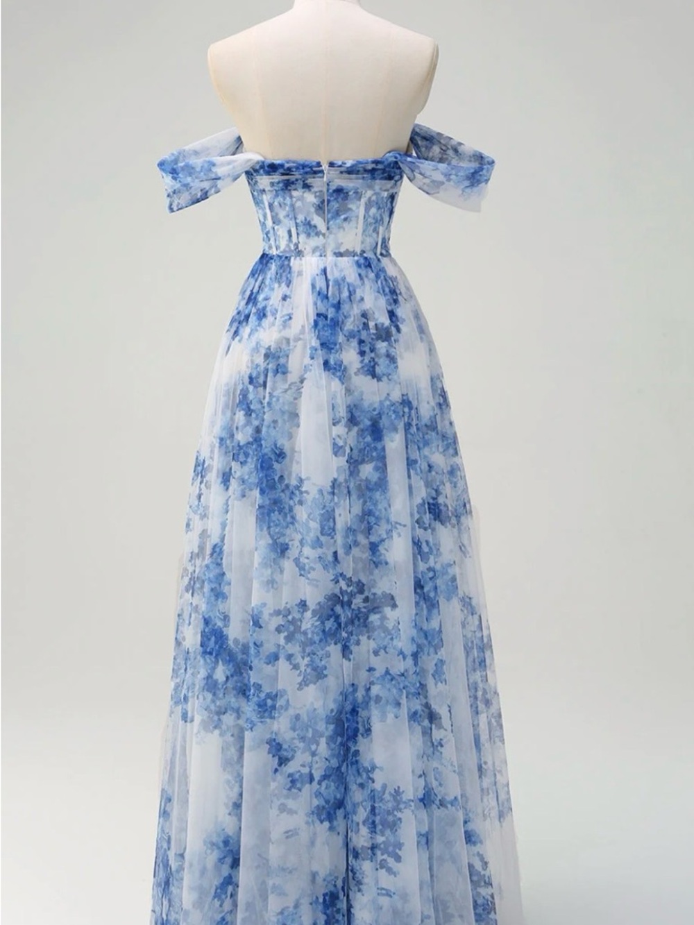 Strapless Blue Floral Evening Gown